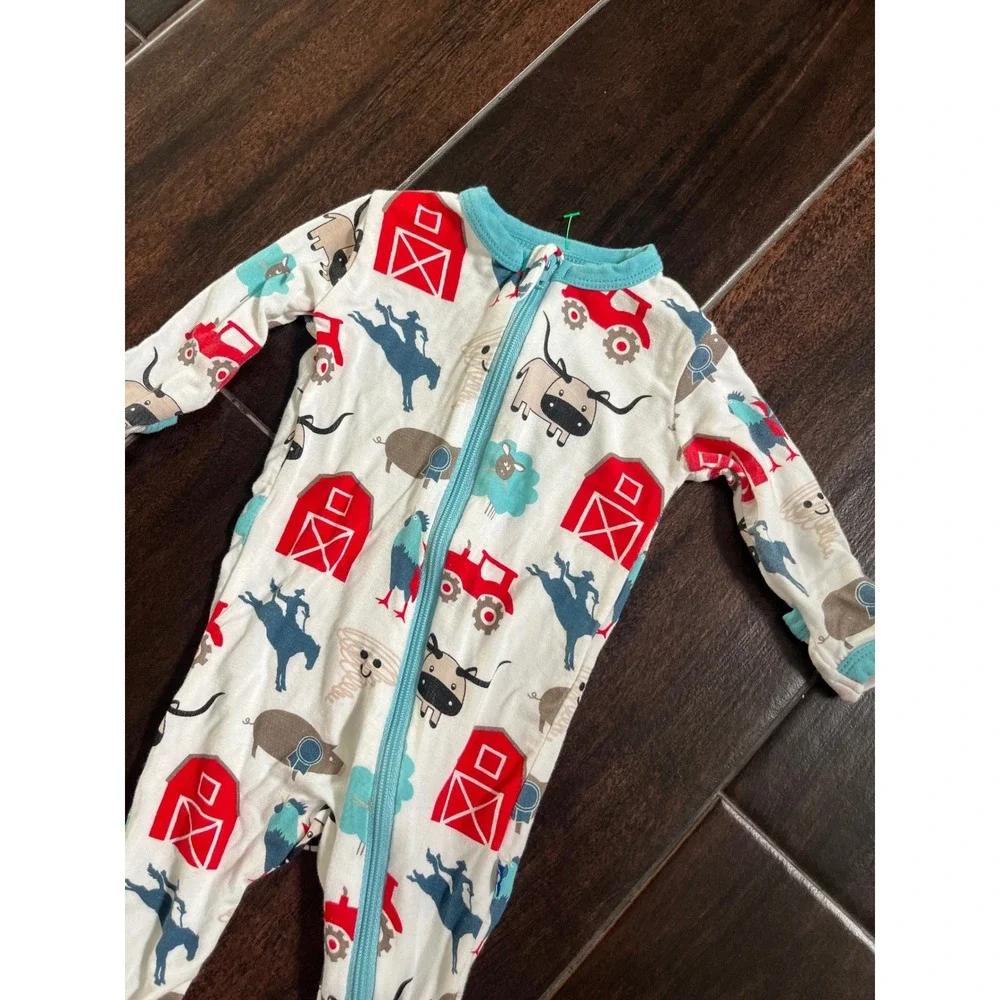 KicKee Pants Farm Print Bamboo Footie Sleeper Barn Tractor White Teal 0-3 Months